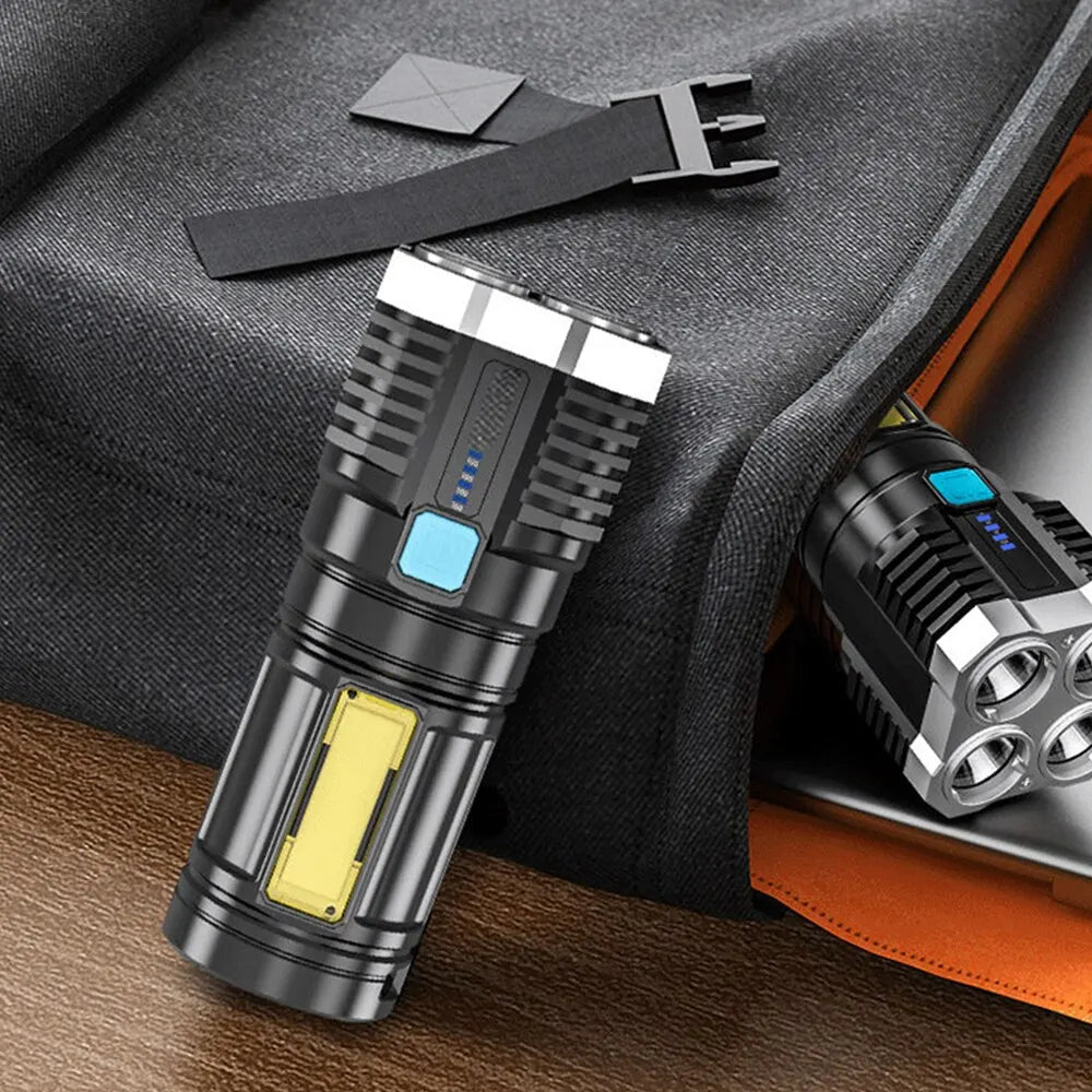 Rechargeable 1000-Lumen LED Flashlight with COB Side Light, 4 Modes, USB Charging, IP64 Waterproof for Camping & Hiking