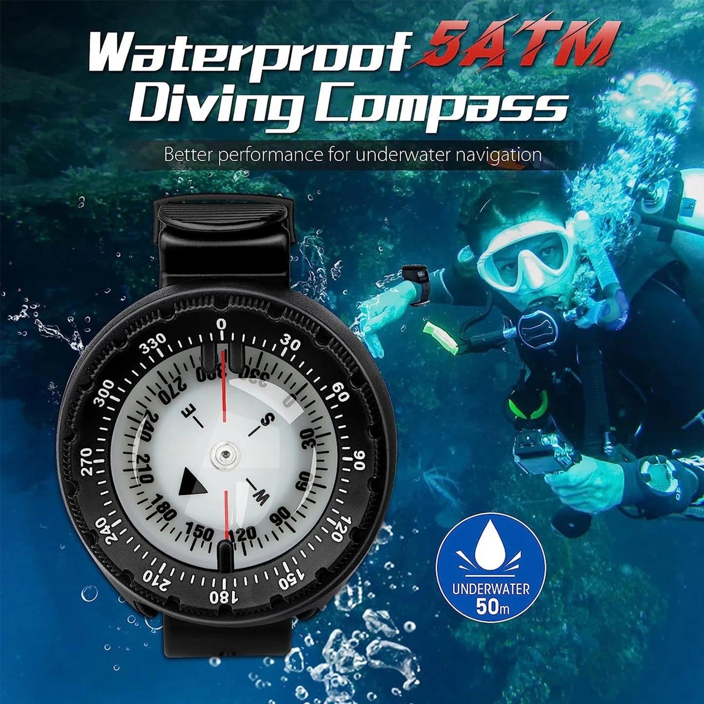 Digital Underwater Diving Compass Wristwatch 50m Waterproof Luminous Scuba Navigator