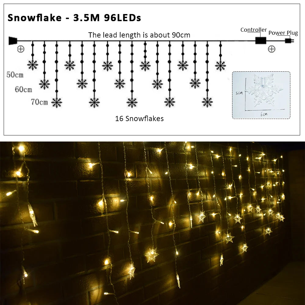 Snowflake LED Curtain String Lights 96-LED 3.5m (11.5ft) Fairy Christmas Lights 8 Modes IP44 Waterproof 50–70cm (20–28in) Drops EU/US Plug
