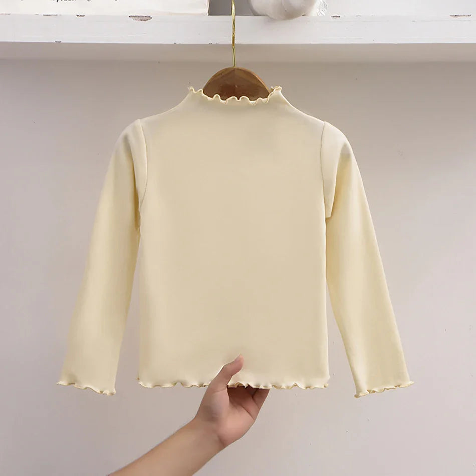 Girls Turtleneck Long Sleeve Lettuce-Edge Knit Tee – Solid Color Autumn Winter Top