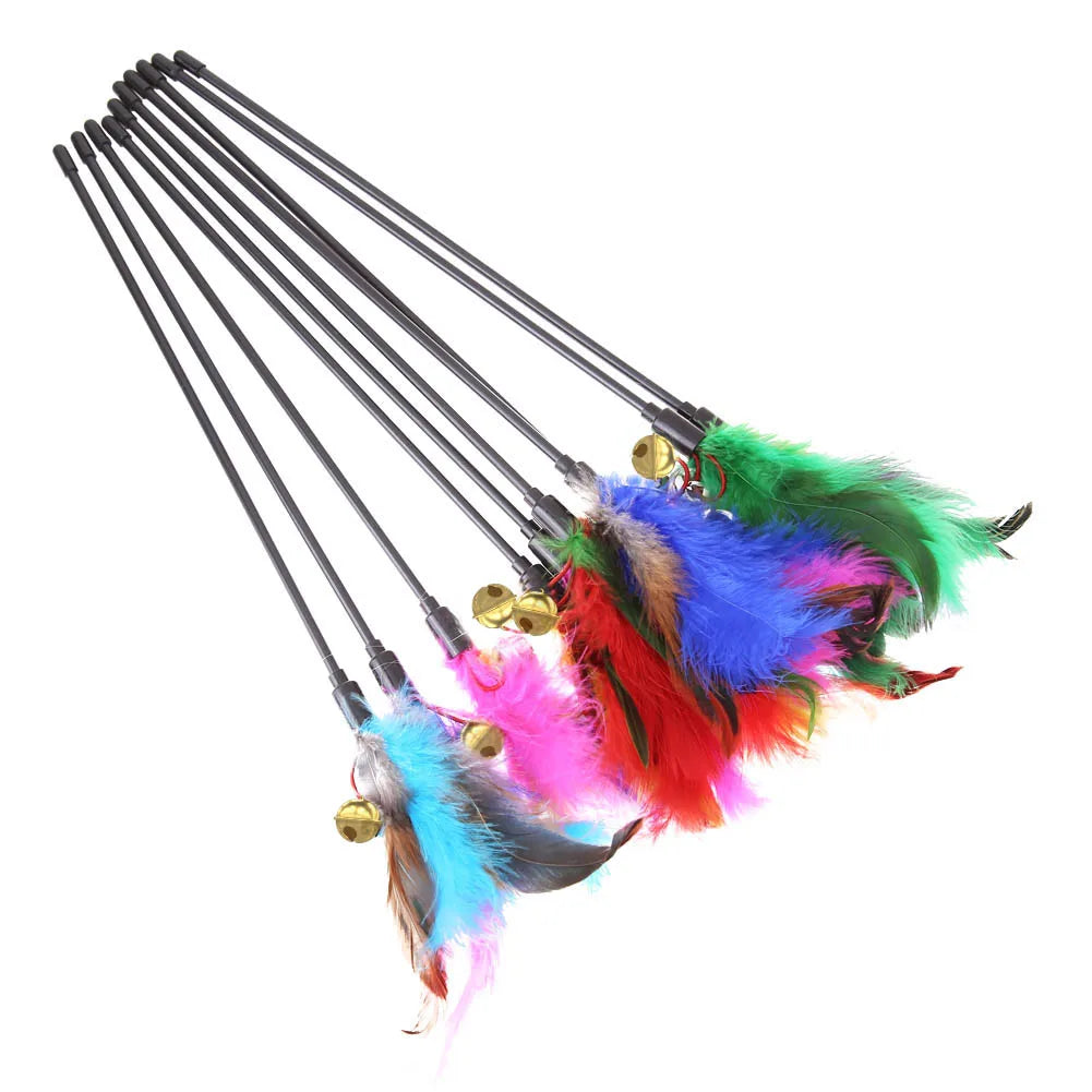 5-Pack Cat Feather Wand Toys - Colorful Interactive Feather Teasers with Bell for Cats & Kittens