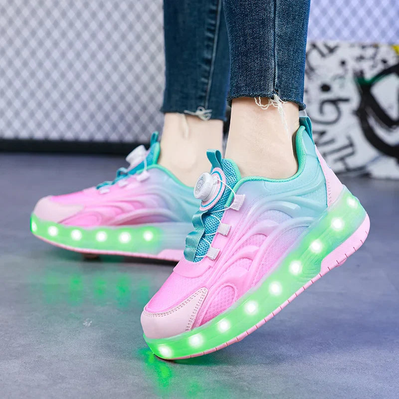 Kids LED Light-Up Sneakers Ages 7-13 - Breathable Mesh Patchwork High-Top with EVA Insole