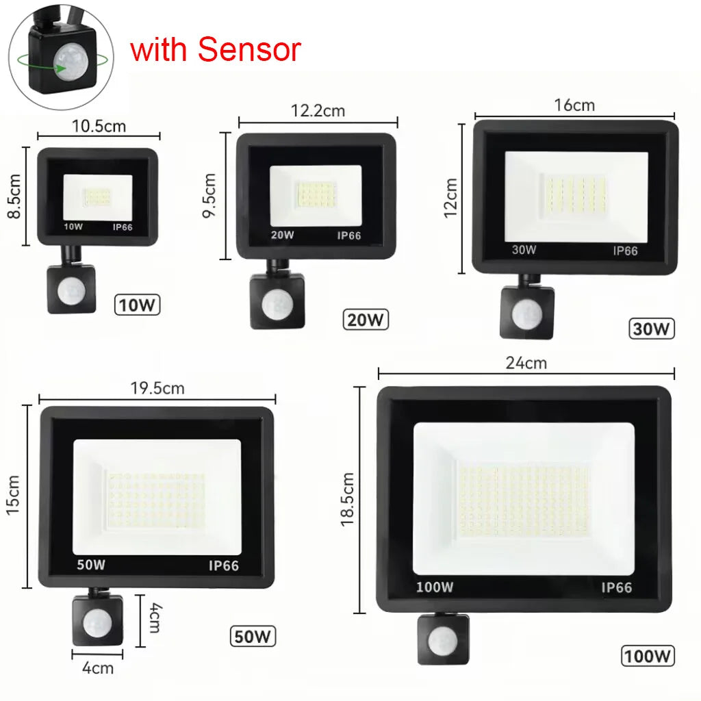 LED Floodlight with PIR Motion Sensor - Outdoor Waterproof Spotlight 10W/20W/30W/50W/100W IP66