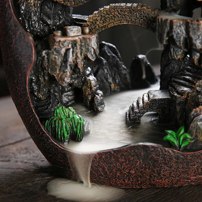Backflow Waterfall Incense Burner - Resin Mountain River Incense Holder for Home Decor, Meditation & Aromatherapy