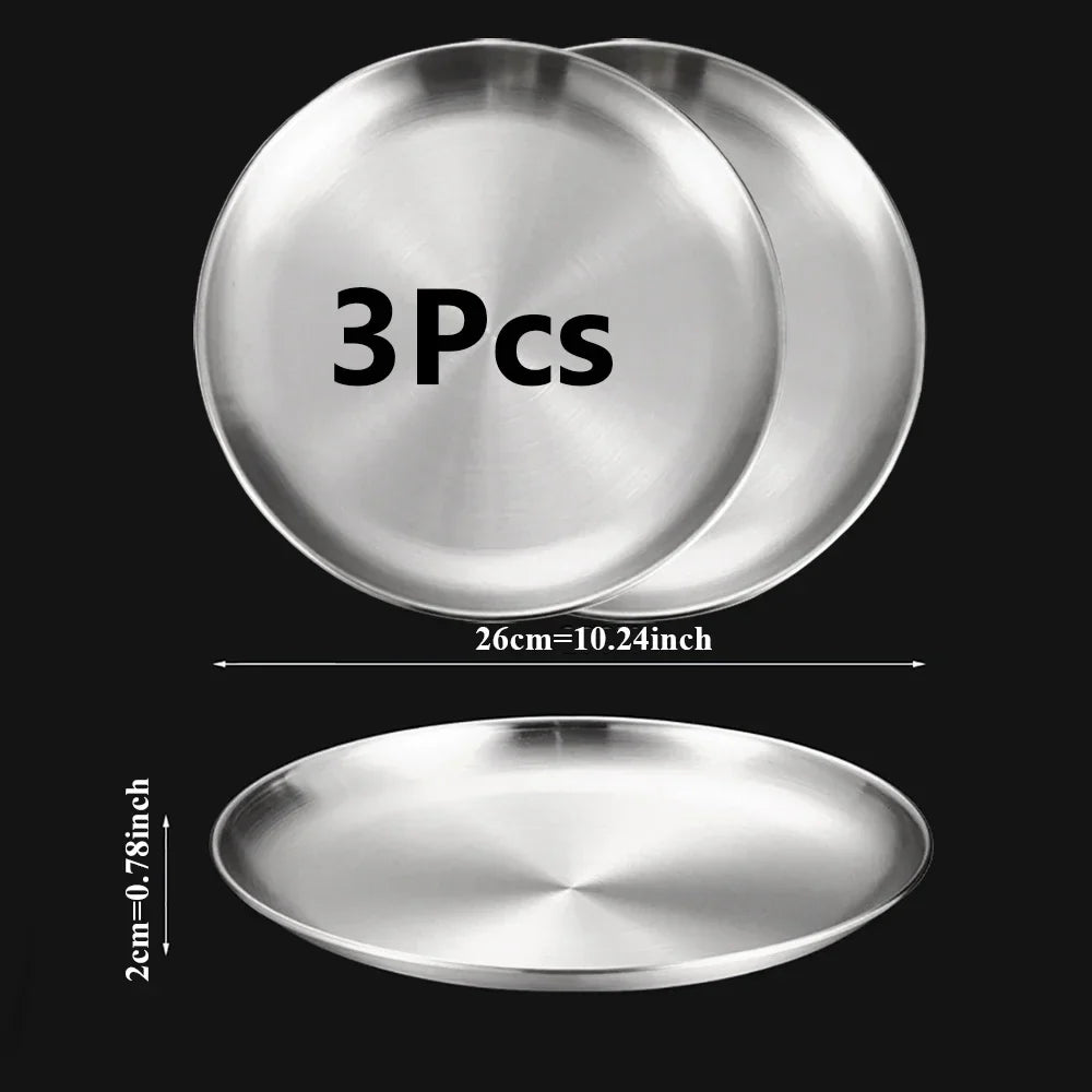 3-Piece Stainless Steel Round Shallow Plates Set – Rust-Resistant Camping, BBQ & Picnic Dishes (14–30 cm / 5.5–11.8 in)