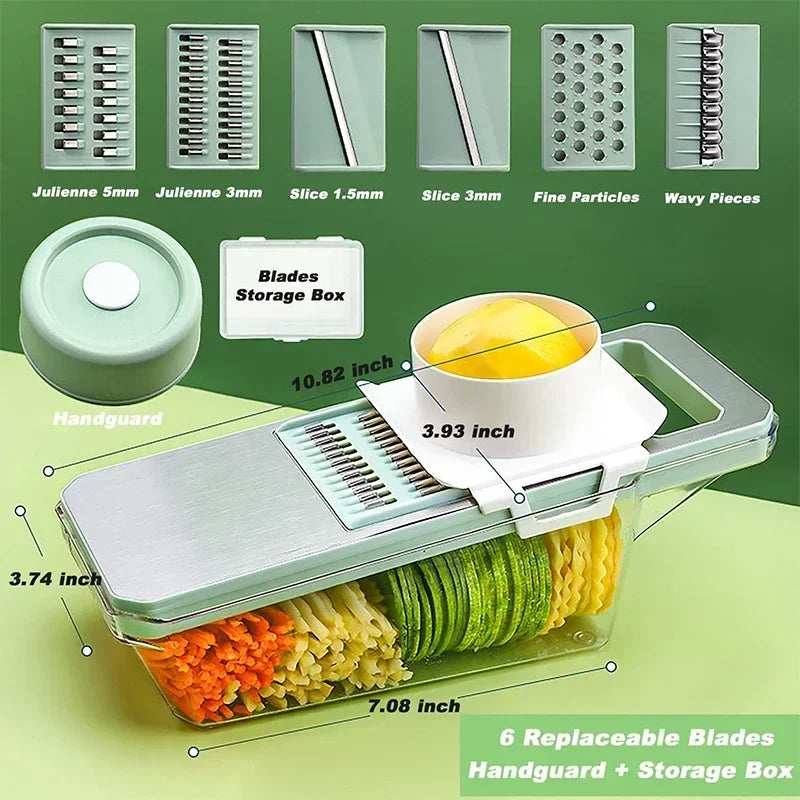 6-in-1 Veggie Slicer Mandoline - Stainless Steel Vegetable Cutter with 6 Blades for Slicing, Julienne & Shredding
