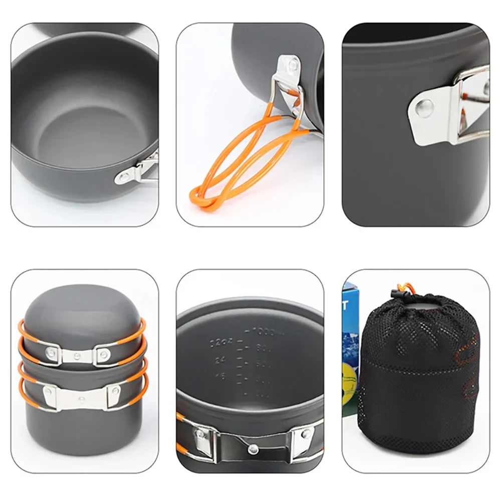 Portable 1-2 Person Aluminum Camping Cookware Set – Foldable Pot, Lid & Utensils