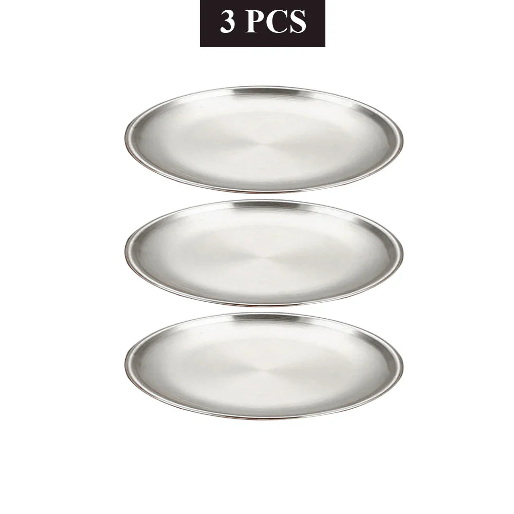 3-Piece Stainless Steel Round Shallow Plates Set – Rust-Resistant Camping, BBQ & Picnic Dishes (14–30 cm / 5.5–11.8 in)