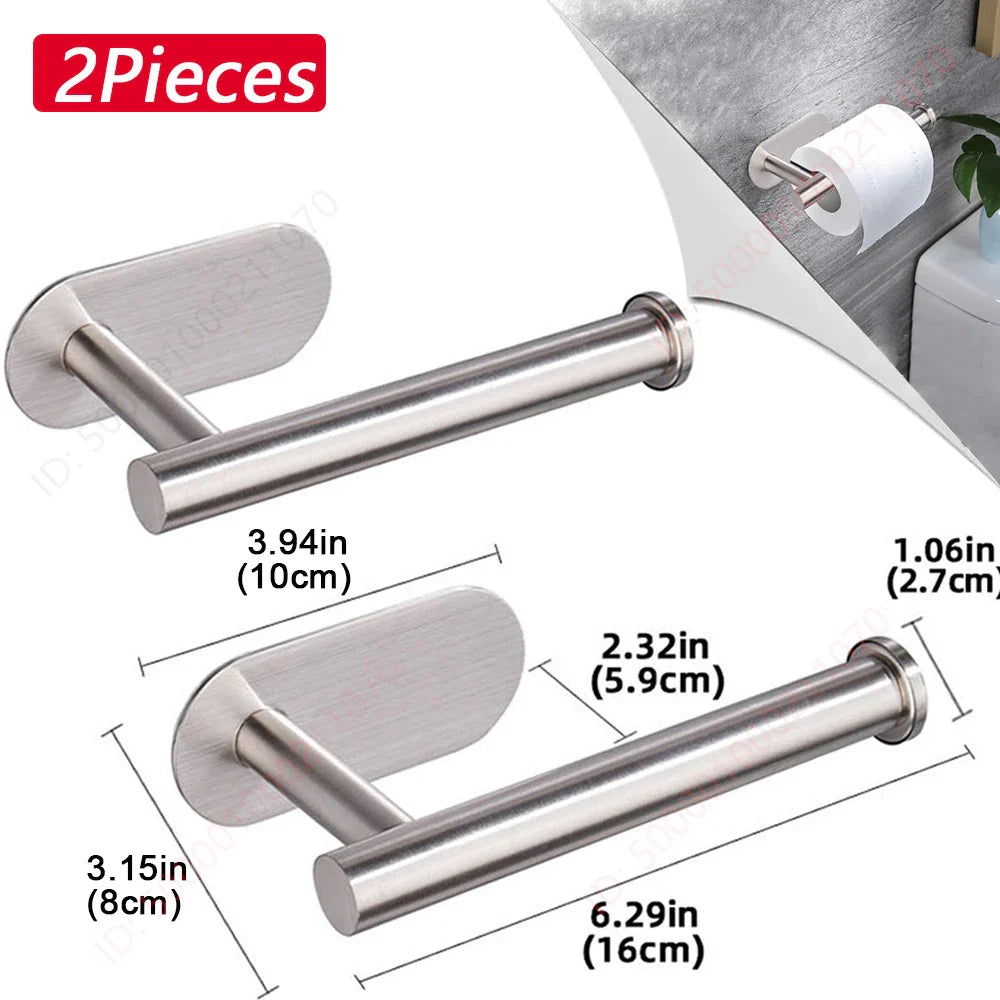 2-Pack No-Drill 304 Stainless Steel Toilet Paper Holder Adhesive Wall-Mount Paper Towel Rack for Bathroom & Kitchen