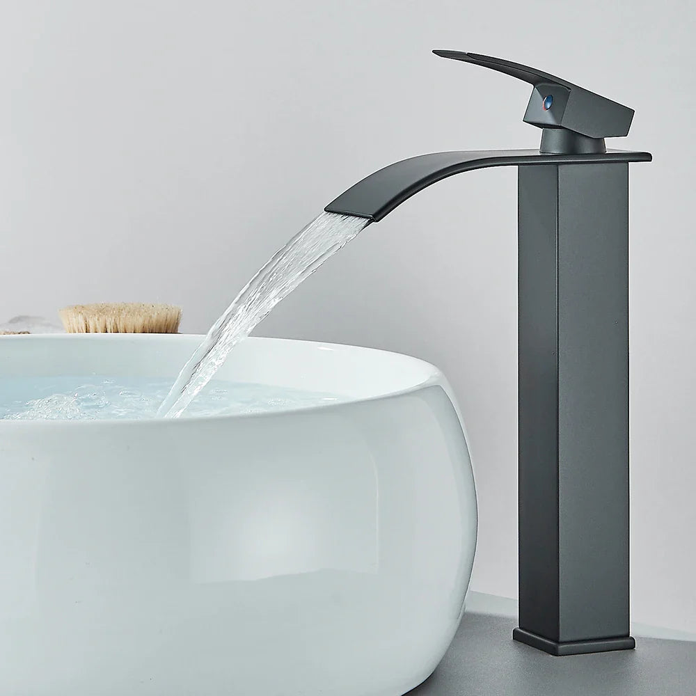 Matte Black Waterfall Basin Faucet - Single-Handle Mixer Tap for Bathroom Sink (Deck-Mounted, Hot & Cold)