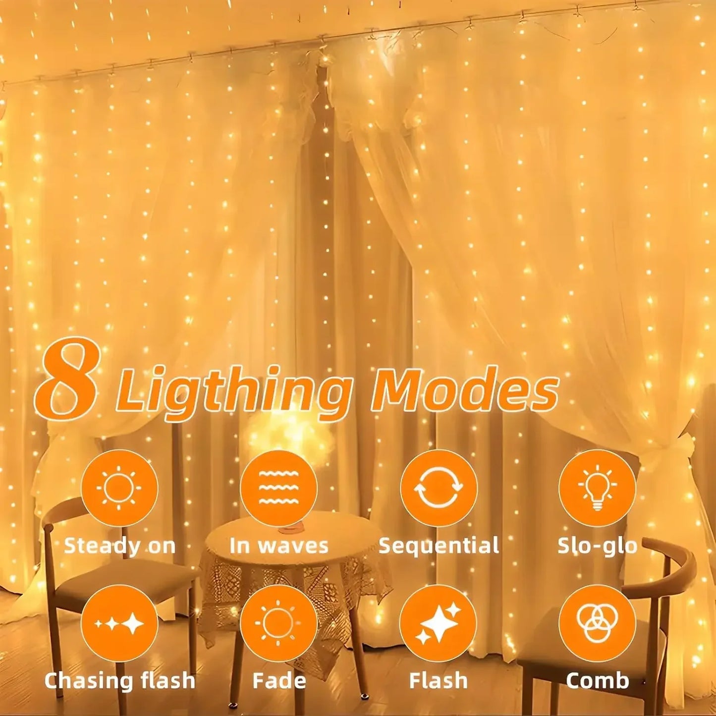 Solar-Powered Outdoor Waterproof Curtain String Lights - 300 LED Fairy Garland 9.8 x 9.8 ft (3 x 3 m) Warm White