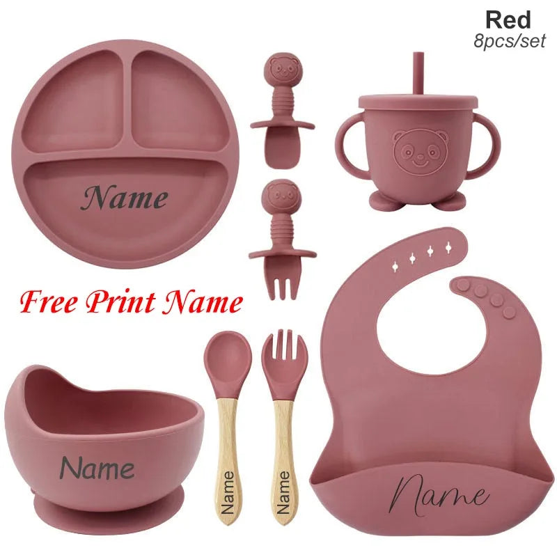 Personalized 8-Piece Baby Feeding Set Silicone Suction Plate Bowl Straw Cup Utensils Custom Name Baby Gift