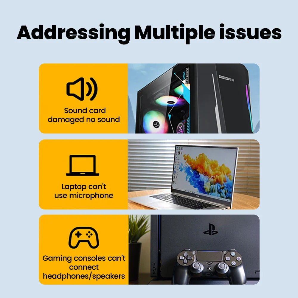 USB to 3.5mm External Sound Card Adapter — Stereo USB Audio to Headphone & Microphone Jack for PC, Laptop, PS4