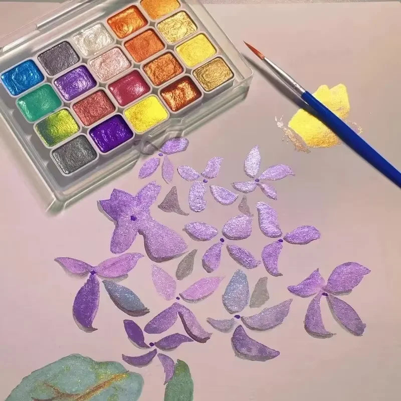 20-Color Metallic Watercolor Set - Portable Metal Tin with Shimmer Pearl Solid Paints and Art Supplies
