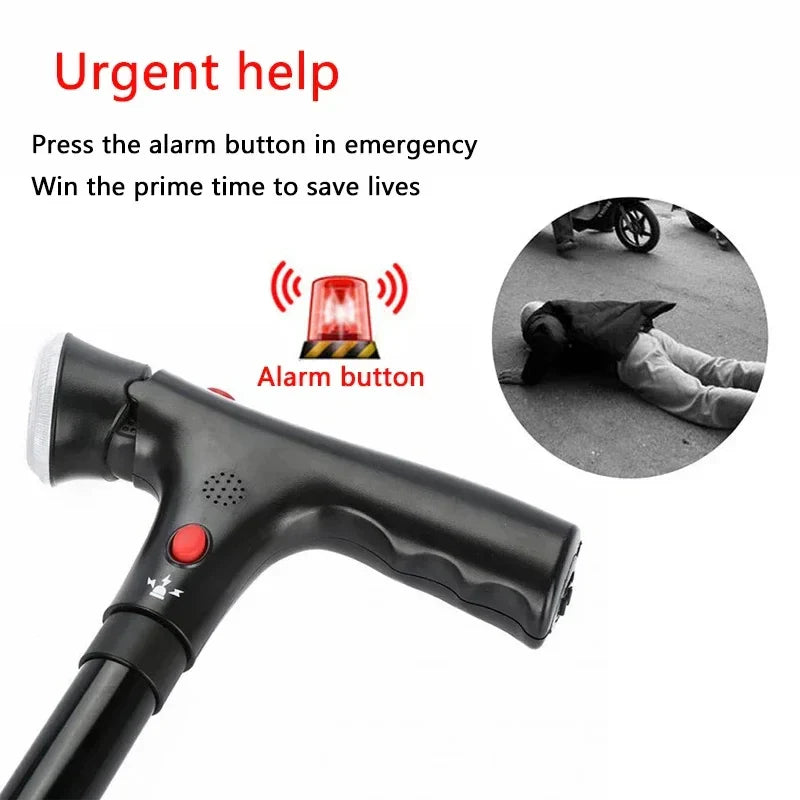 Collapsible Telescopic Walking Cane with LED Light & Alarm, Adjustable 4-Point Quad Base T-Handle for Seniors
