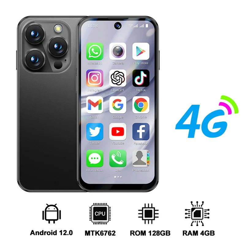 Mini Android Smartphone 3.88 in (9.86 cm) HD Display, 4G LTE Unlocked, 4GB/128GB or 2GB/16GB, 2000mAh Battery