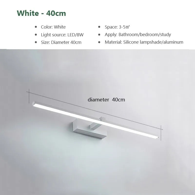 LED Bathroom Mirror Wall Light - Waterproof Modern Flat Touch Vanity Lamp, White/Black