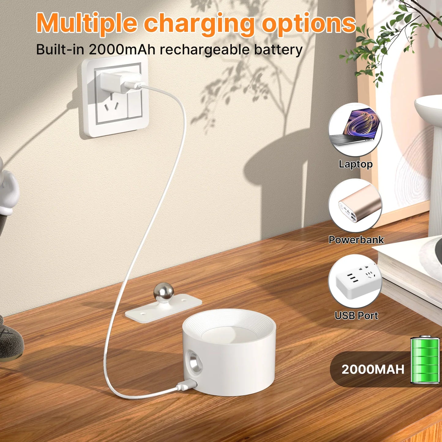 Rechargeable LED Wall Lamp 2000mAh — 360° Rotating Touch Sconce, Adjustable Color Temp & Dimmable Modern Nordic Bedroom Light