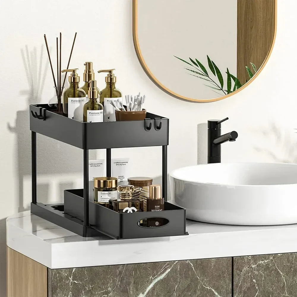 2-Tier Under-Sink Sliding Cabinet Organizer with Hooks and Hanging Cup - Bathroom & Kitchen Storage Rack