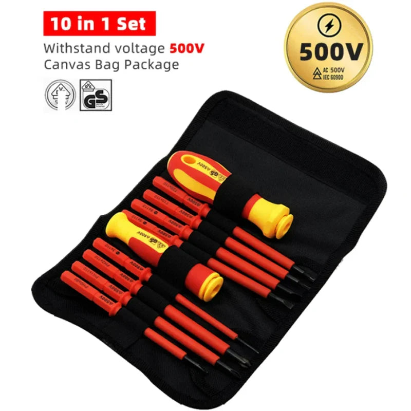 10-Piece VDE Insulated Screwdriver Set (500V) — Interchangeable Blades, Magnetic Tips & Case for Electricians and Home Use