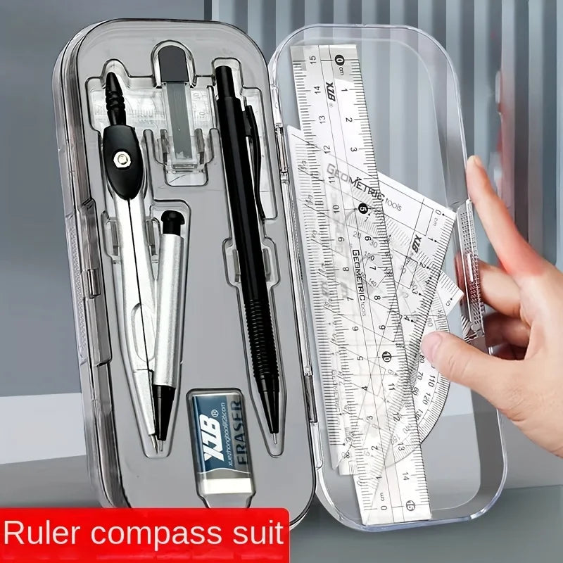 8-Piece Geometry Drawing Set for School — Compass, Mechanical Pencil, Protractor, Ruler & Tripod with Storage Case