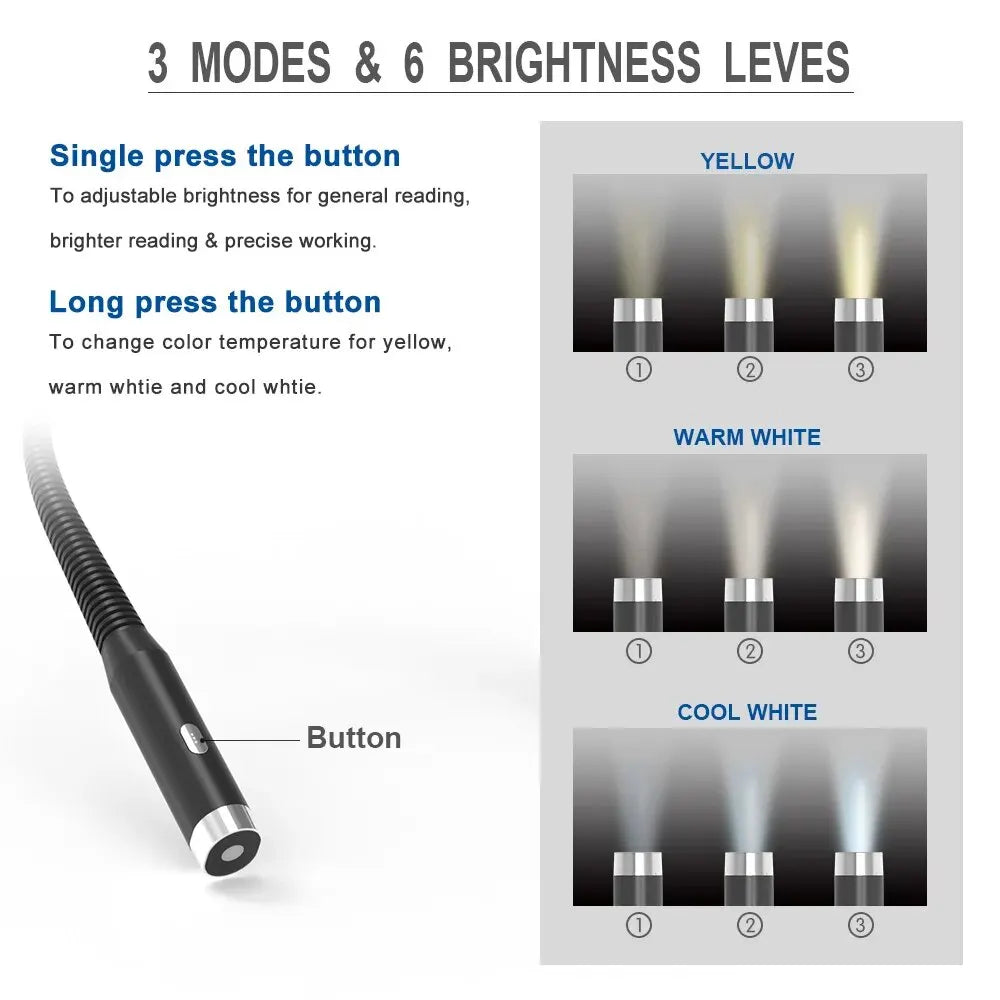 Hands-Free Neck Reading Light USB Rechargeable Flexible LED Book Light 3-Color 3-Brightness Portable for Reading Knitting Camping