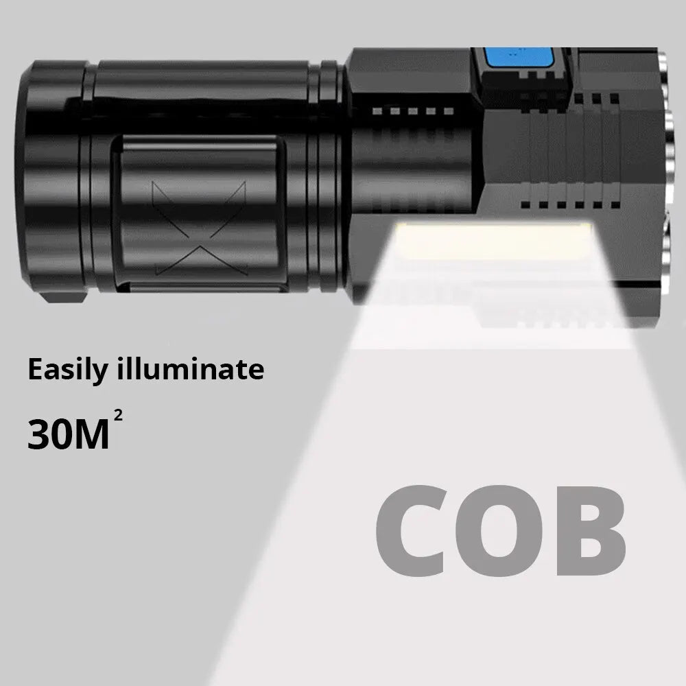 Rechargeable 1000-Lumen LED Flashlight with COB Side Light, 4 Modes, USB Charging, IP64 Waterproof for Camping & Hiking