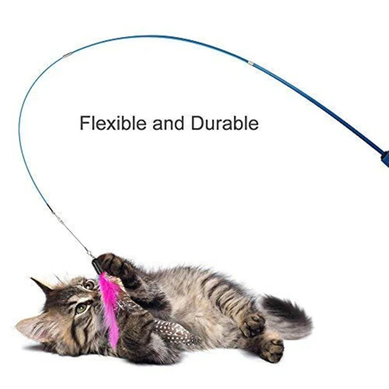 Telescopic Cat Teaser Wand 3-Section 15–38 in (38–97 cm) with 5 Feather Refills – Interactive Kitten Toy