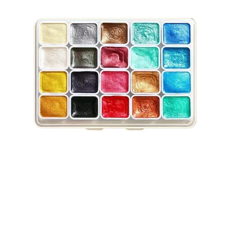 20-Color Metallic Watercolor Set - Portable Metal Tin with Shimmer Pearl Solid Paints and Art Supplies