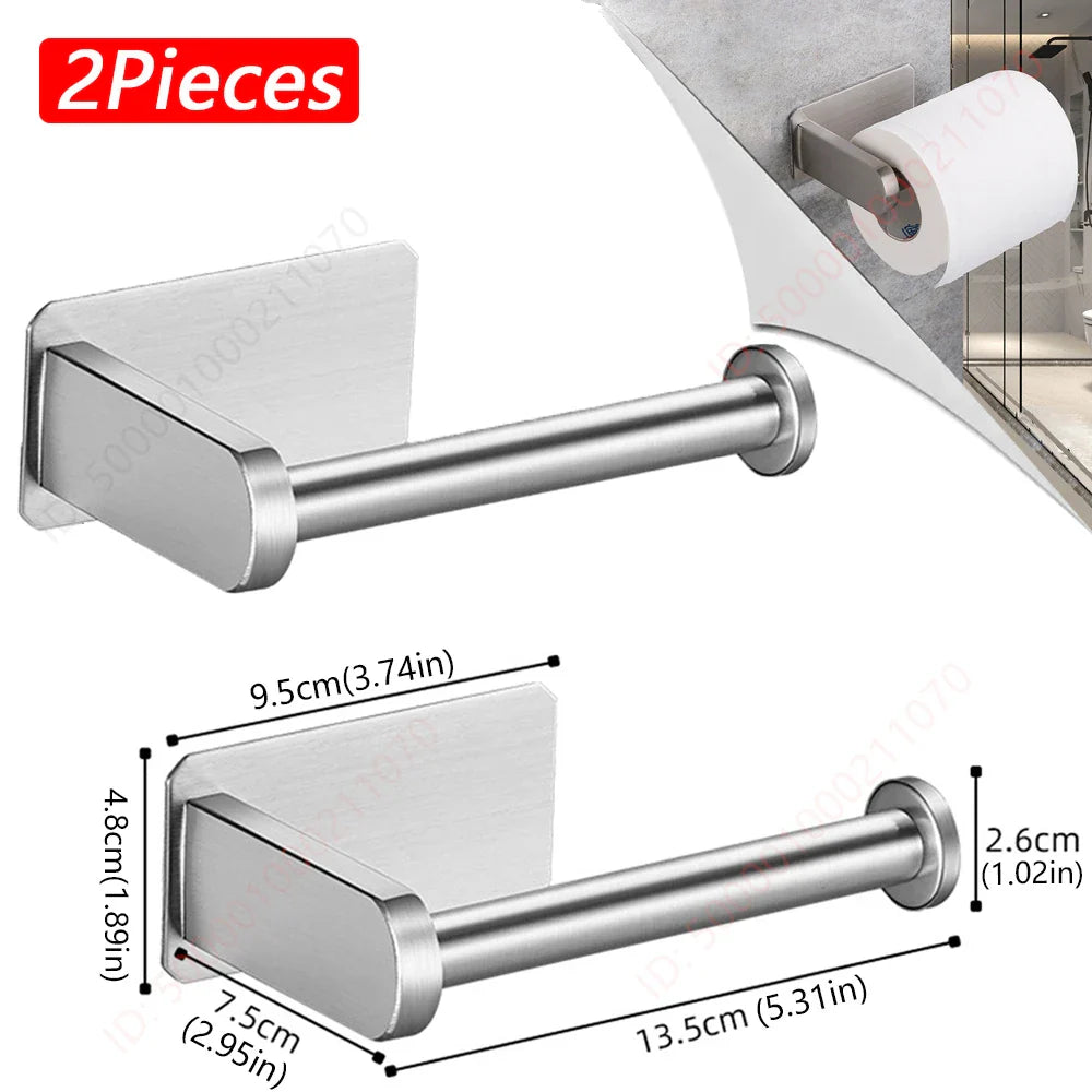 2-Pack No-Drill 304 Stainless Steel Toilet Paper Holder Adhesive Wall-Mount Paper Towel Rack for Bathroom & Kitchen