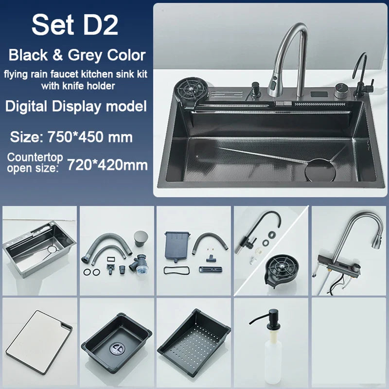304 Stainless Steel Kitchen Sink with Digital Display Waterfall Faucet - Multifunctional Single Bowl 75 x 45 cm (29.5 x 17.7 in)