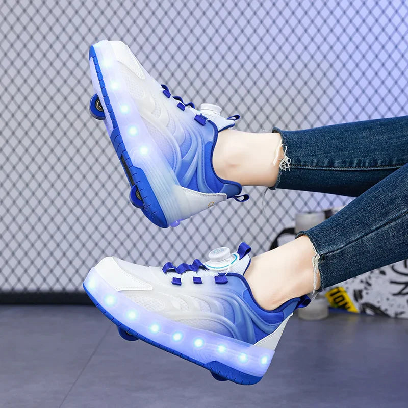 Kids LED Light-Up Sneakers Ages 7-13 - Breathable Mesh Patchwork High-Top with EVA Insole