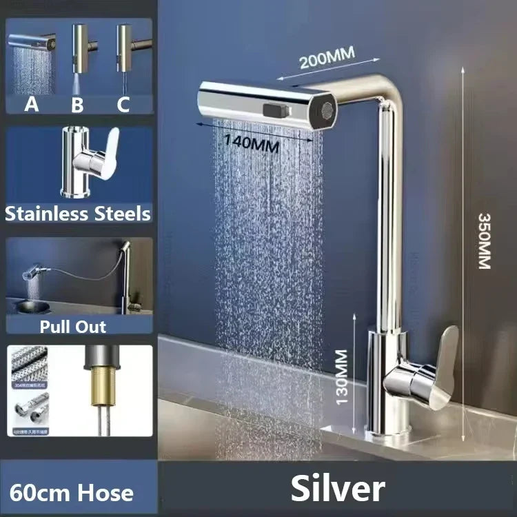 Grey/Silver Pull-Out Kitchen Faucet - Stainless Steel Deck-Mount Mixer with Retractable Spout, Single-Handle Hot & Cold, Stream/Shower Spray