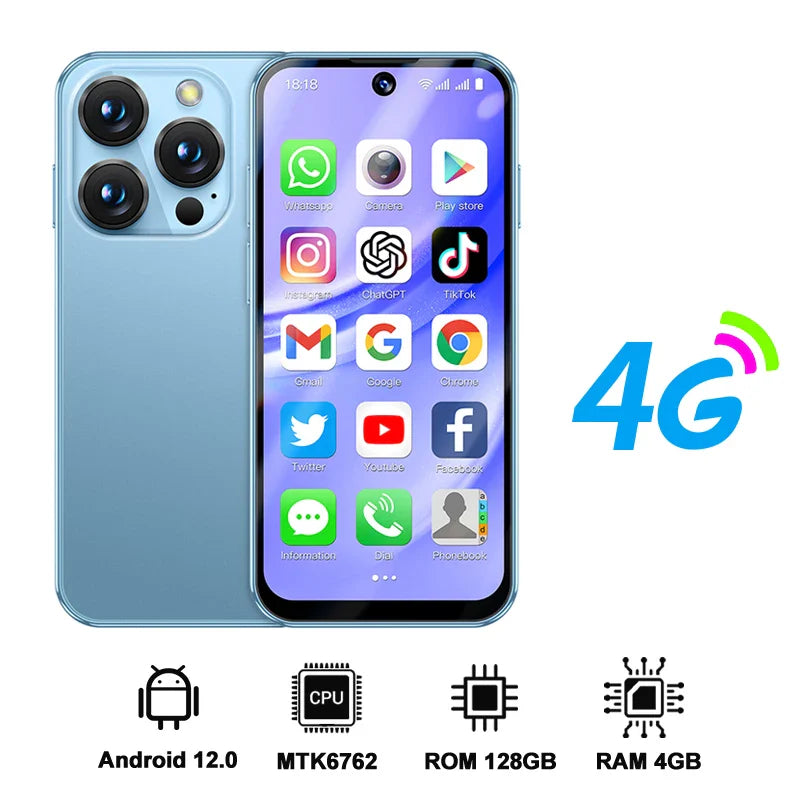 Mini Android Smartphone 3.88 in (9.86 cm) HD Display, 4G LTE Unlocked, 4GB/128GB or 2GB/16GB, 2000mAh Battery