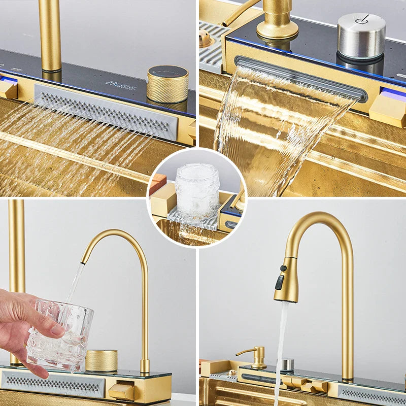 304 Stainless Steel Kitchen Sink with Digital Display Waterfall Faucet - Multifunctional Single Bowl 75 x 45 cm (29.5 x 17.7 in)