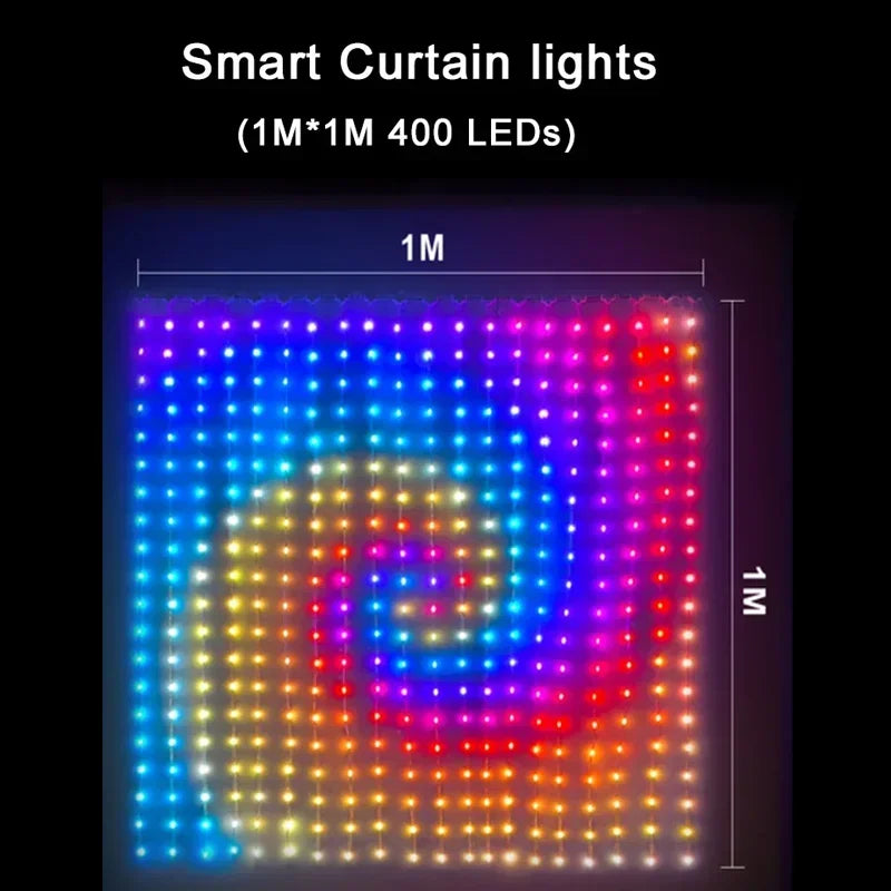 RGB LED Curtain Fairy Lights – USB App & Remote Control, Music Sync, DIY Patterns, Programmable Text (1×1m / 2×2m / 3×3m | 3.3×3.3ft / 6.6×6.6ft / 9.8×9.8ft)
