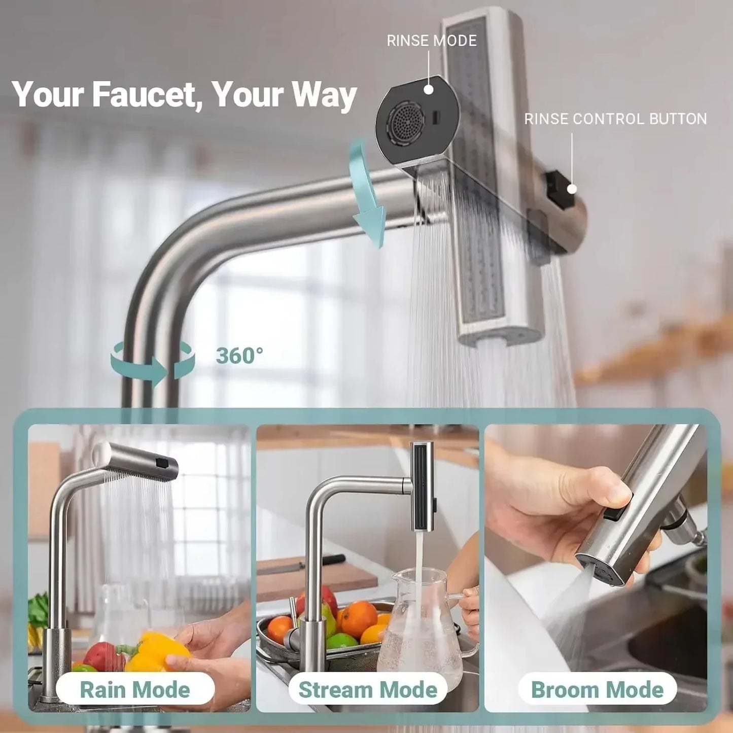 Grey/Silver Pull-Out Kitchen Faucet - Stainless Steel Deck-Mount Mixer with Retractable Spout, Single-Handle Hot & Cold, Stream/Shower Spray
