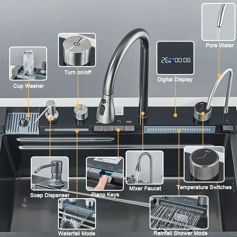 304 Stainless Steel Kitchen Sink with Digital Display Waterfall Faucet - Multifunctional Single Bowl 75 x 45 cm (29.5 x 17.7 in)