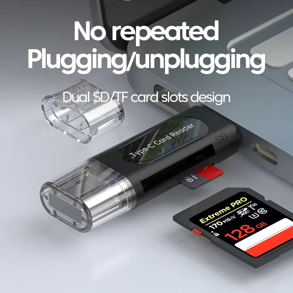 4-in-1 USB Type-C Card Reader - SD/TF (microSD) & Memory Stick, USB 2.0 External Adapter (Black)
