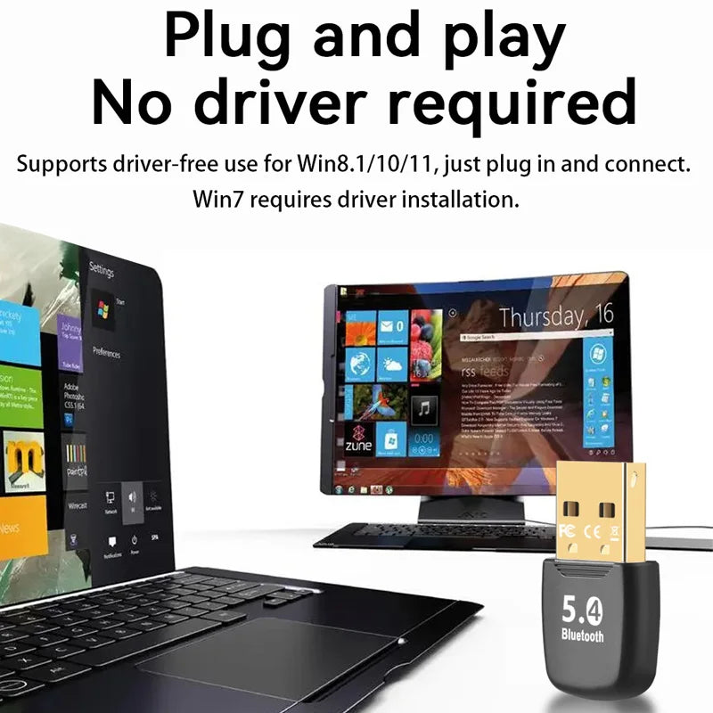 Bluetooth 5.4 USB Adapter Dongle for PC — Wireless Mouse & Keyboard, Audio Receiver/Transmitter, USB 3.0, Connects Up to 7 Devices, Plug & Play