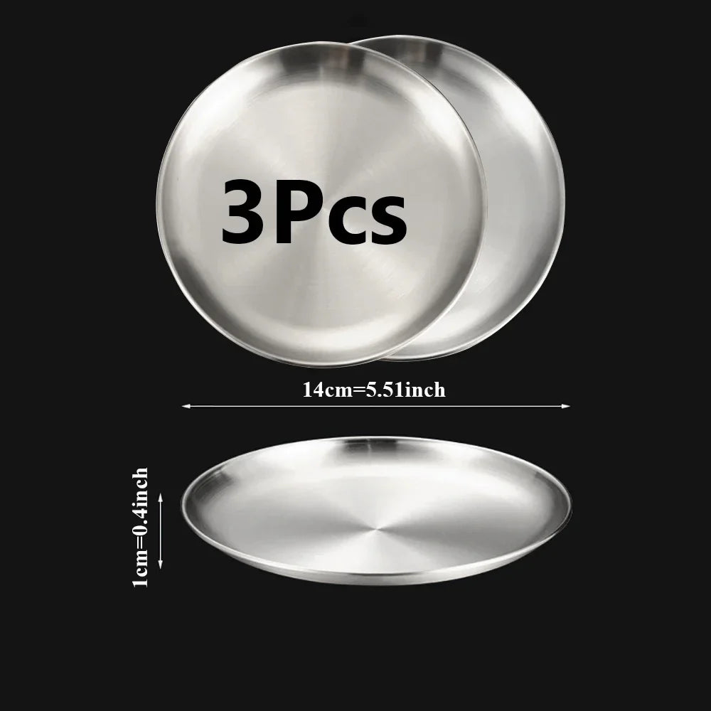 3-Piece Stainless Steel Round Shallow Plates Set – Rust-Resistant Camping, BBQ & Picnic Dishes (14–30 cm / 5.5–11.8 in)