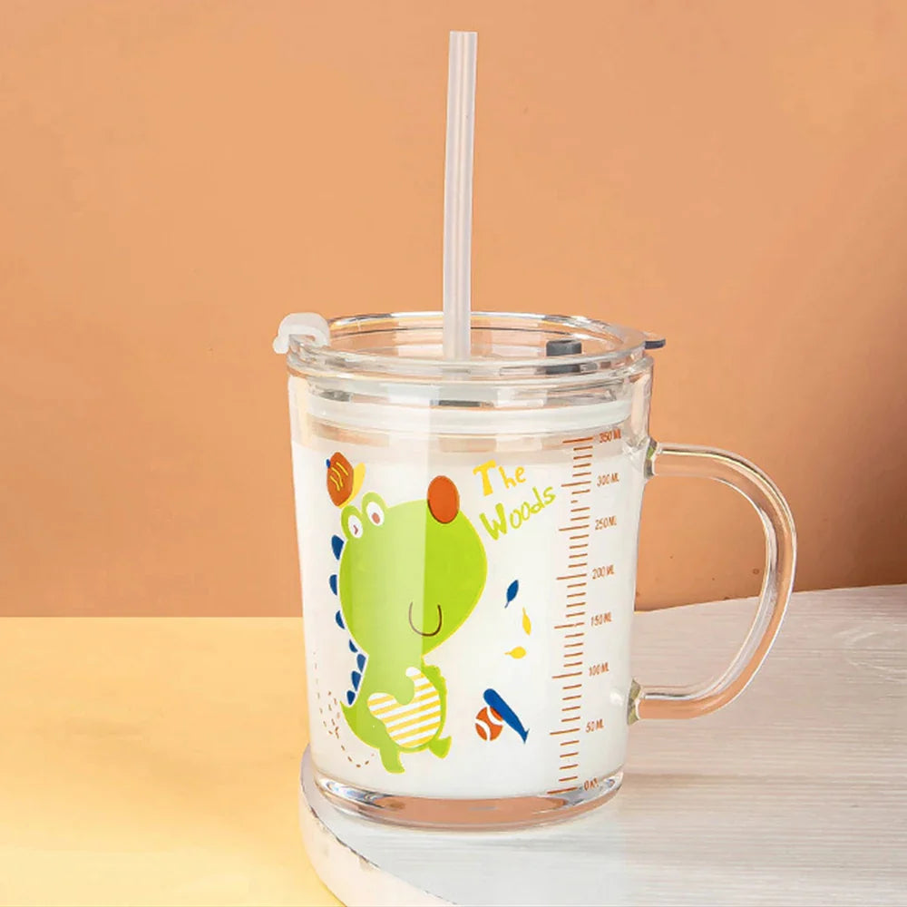 350ml Unicorn Kids Glass Cup with Lid and Straw, Transparent Milk and Breakfast Cup with Measuring Scale