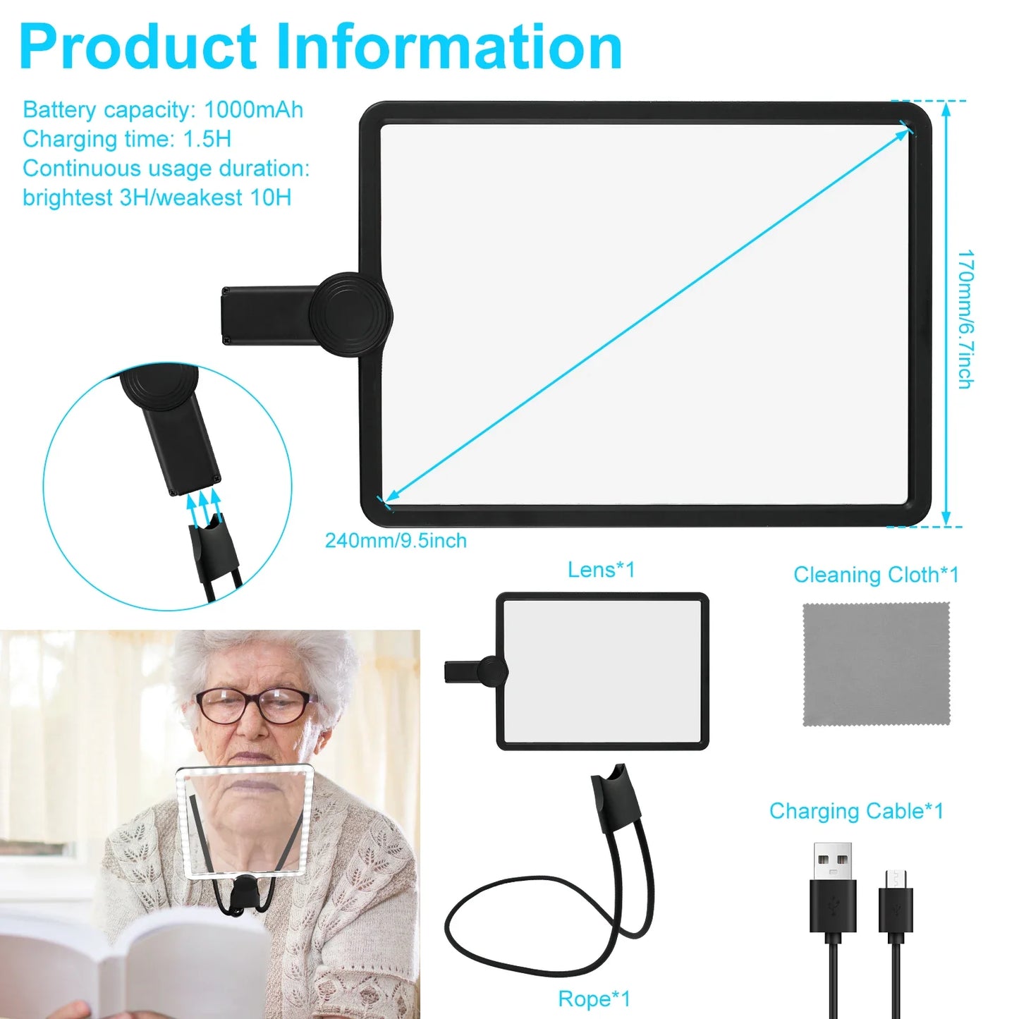 5X Hands-Free Neck Magnifier with Dimmable LED Light — 9.4 × 6.5 in (240 × 170 mm) Rechargeable 3‑in‑1 Reading Magnifying Glass