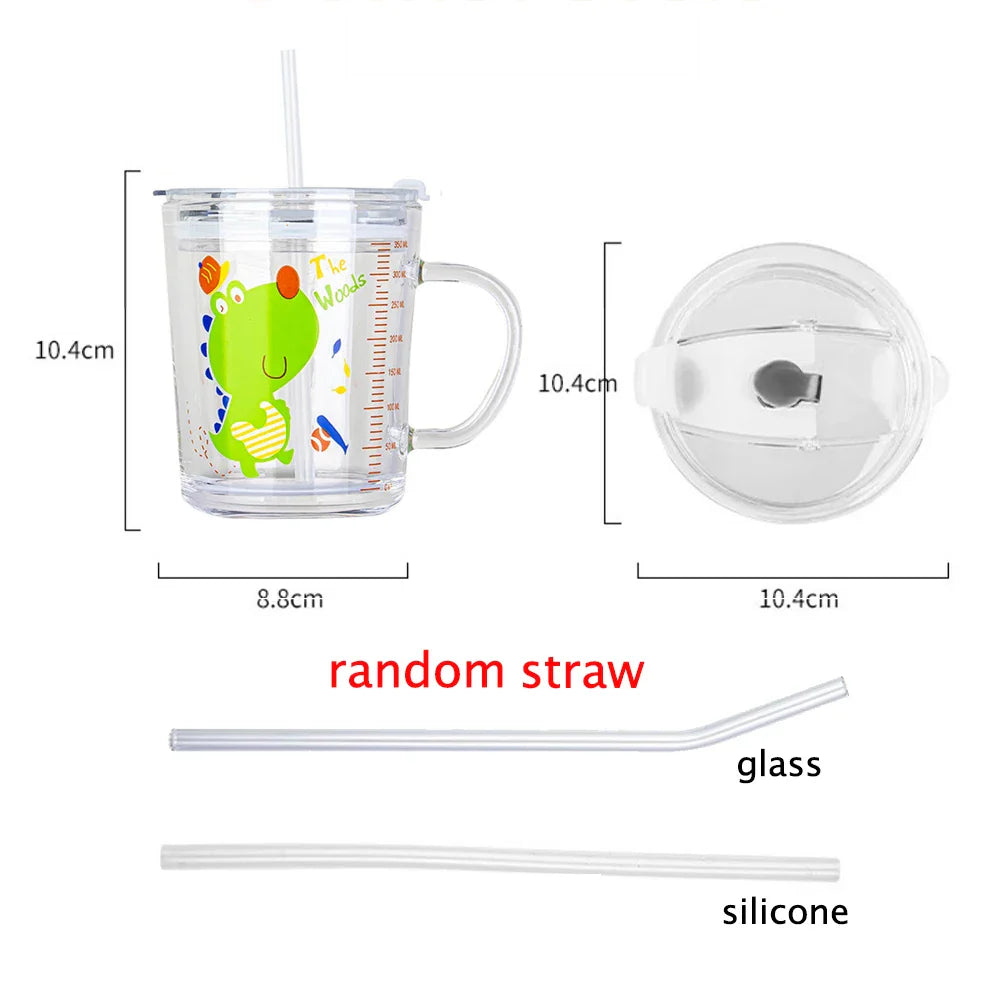 350ml Unicorn Kids Glass Cup with Lid and Straw, Transparent Milk and Breakfast Cup with Measuring Scale