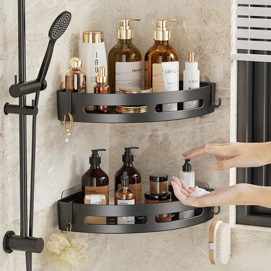 1/2/3-Pack Matte Black No-Drill Adhesive Shower Shelf – Rustproof Waterproof Wall-Mounted Organizer for Shampoo & Towels