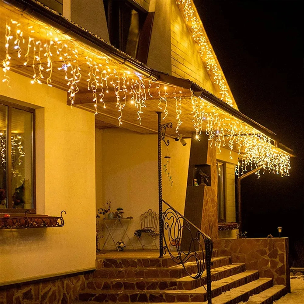 Icicle Curtain LED Fairy Lights Warm White with White Strobe Clear Wire Outdoor Christmas & Holiday Decor