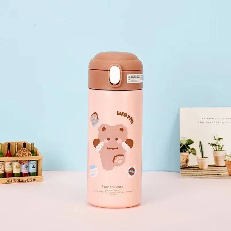380ml Cute Cartoon Vacuum Flask - 304 Stainless Steel Insulated Water Bottle with Straw