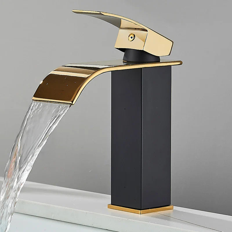 Matte Black Waterfall Basin Faucet - Single-Handle Mixer Tap for Bathroom Sink (Deck-Mounted, Hot & Cold)