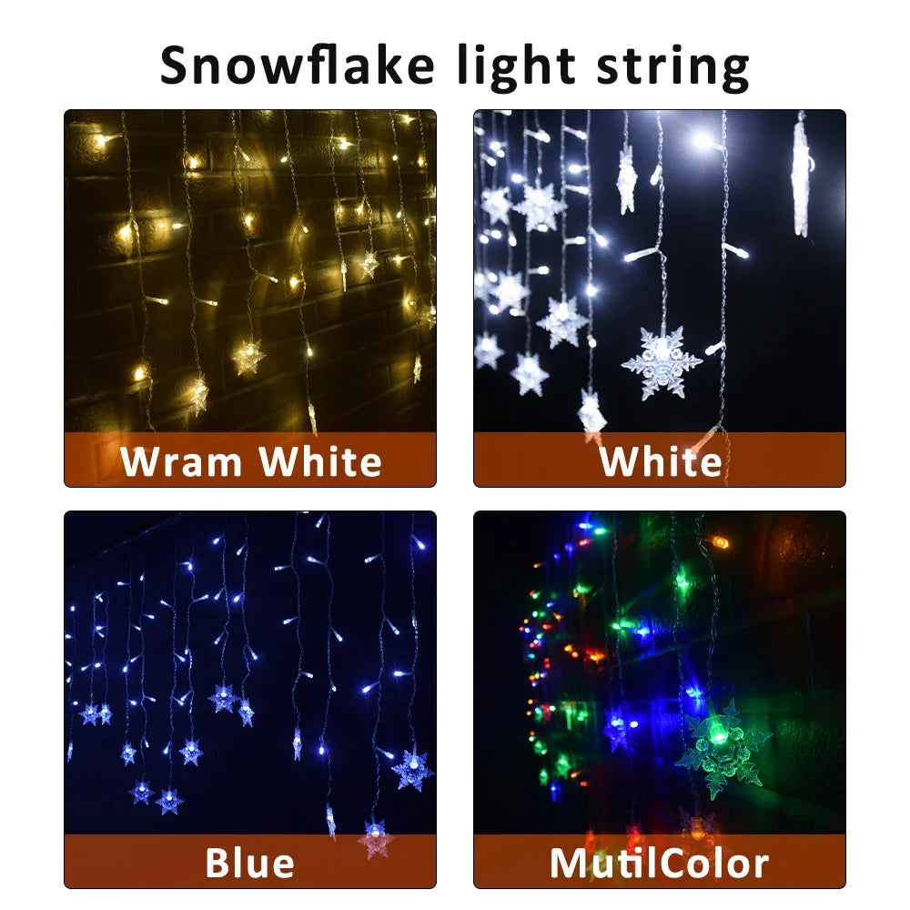 Snowflake LED Curtain String Lights 96-LED 3.5m (11.5ft) Fairy Christmas Lights 8 Modes IP44 Waterproof 50–70cm (20–28in) Drops EU/US Plug