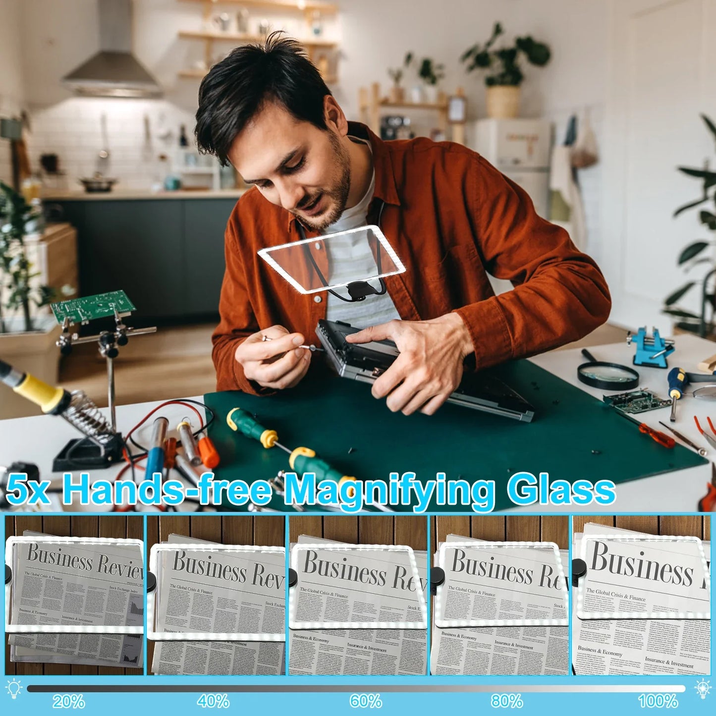 5X Hands-Free Neck Magnifier with Dimmable LED Light — 9.4 × 6.5 in (240 × 170 mm) Rechargeable 3‑in‑1 Reading Magnifying Glass